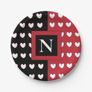 Assiettes En Carton Monogramme personnalisé Noir Rouge Coeurs Blancs