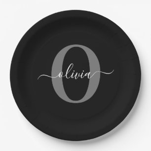 Assiettes En Carton Monogramme personnalisé Nom de script noir blanc g