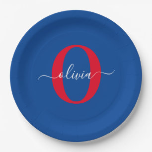 Assiettes En Carton Monogramme personnalisé Nom du script Bleu Blanc R