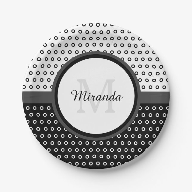 Assiettes En Carton Monogramme Pois noir et blanc avec nom (Devant)