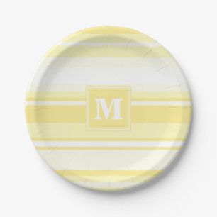 Assiettes En Carton Monogramme rayures jaunes citron