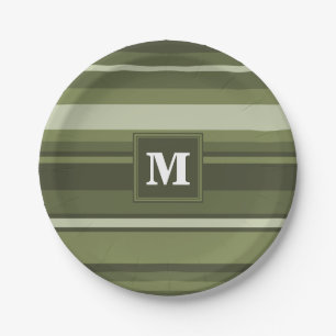 Assiettes En Carton Monogramme rayures vert olive