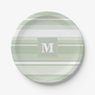 Assiettes En Carton Monogramme rayures vert pâle