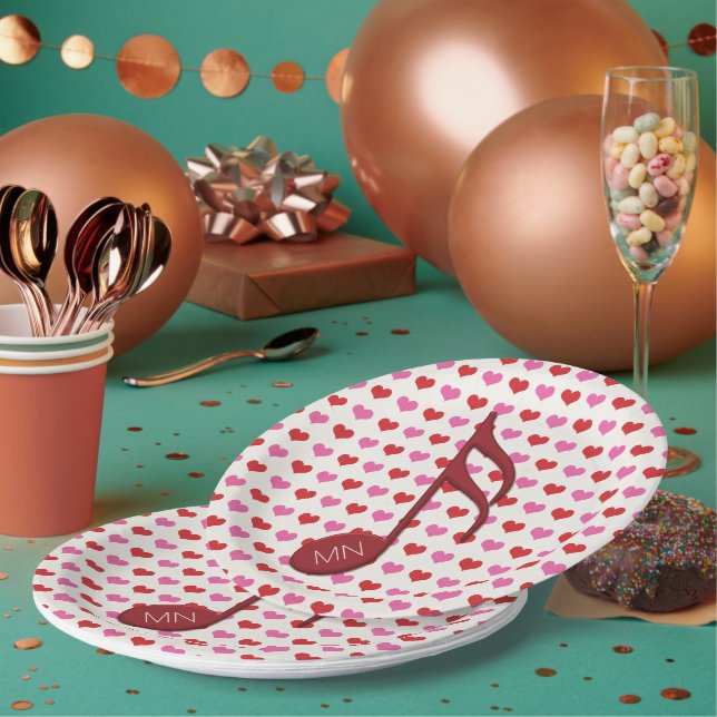 Assiettes En Carton Monogramme Red Semi Quaver Love Hearts Musique (Multi)