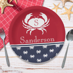 Assiettes En Carton Monogramme Rouge Blanc Marine Bleu Crabe Nautique