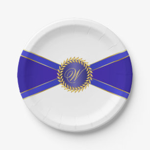 Assiettes En Carton Monogramme Royal Blue Elegance