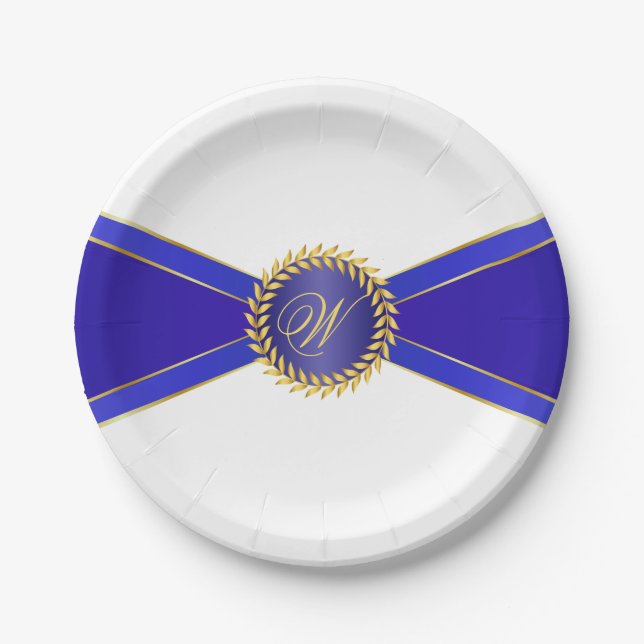 Assiettes En Carton Monogramme Royal Blue Elegance (Devant)
