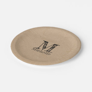 Assiettes En Carton Monogramme Rustique Kraft papier Brown Look