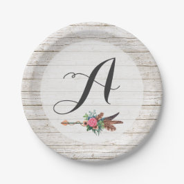 Assiettes En Carton Monogramme Rustique Plumes de Bohême Mariage Flèch