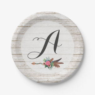 Assiettes En Carton Monogramme Rustique Plumes de Bohême Mariage Flèch