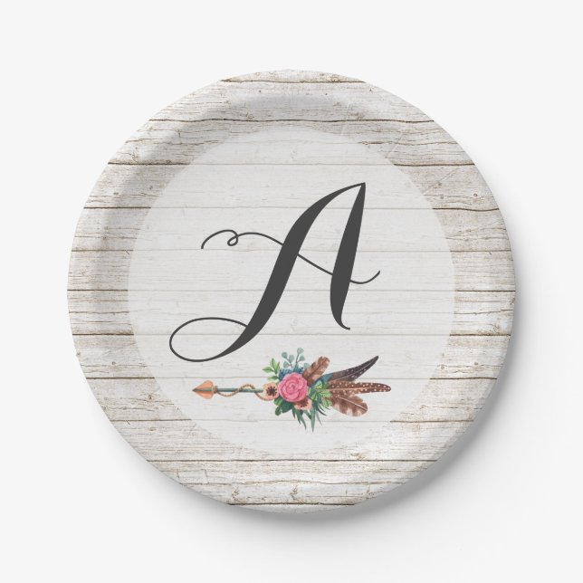 Assiettes En Carton Monogramme Rustique Plumes de Bohême Mariage Flèch (Devant)