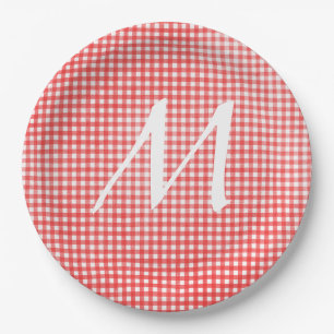 Assiettes En Carton Monogramme sur en vichy rouge et blanc
