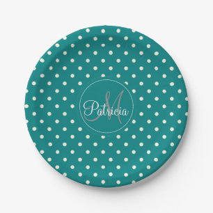 Assiettes En Carton Monogramme Unique Et Classique Pois Turquoise Et B