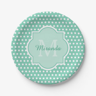 Assiettes En Carton Monogramme vert de la menthe Pois Posh et nom