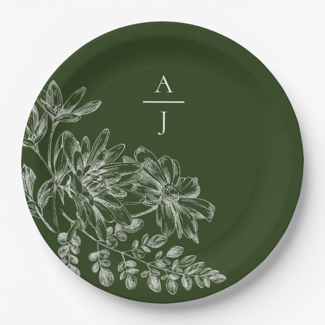 Assiettes En Carton Monogramme vert moderne Plaque en papier floral (Devant)