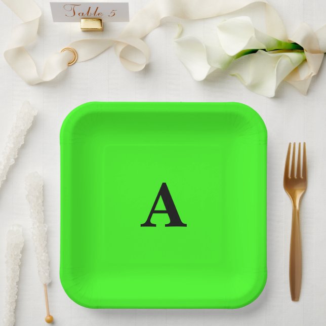 Assiettes En Carton Monogramme vert néon blanc initial Cute personnali (Mariage)