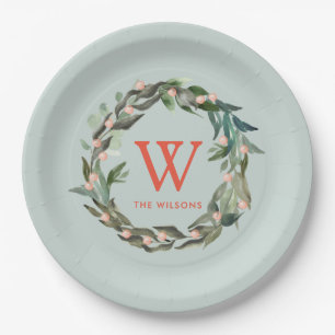 Assiettes En Carton Monogramme vert Wreath Holiday Livre vert Plaque