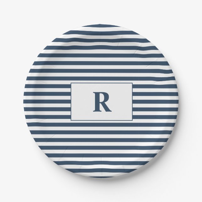 Assiettes En Carton Monogrammed Blue/White Stripes (Devant)