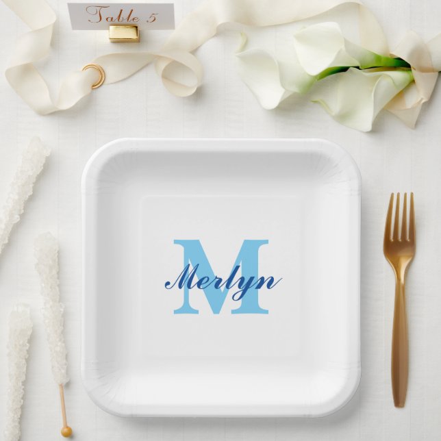 Assiettes En Carton Monogrammes Bleu Anniversaires Baby Showers Élégan (Mariage)