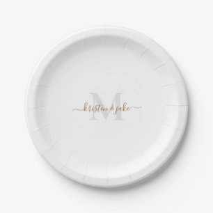 Assiettes En Carton Monogrammes et noms de script Gold & Grey 