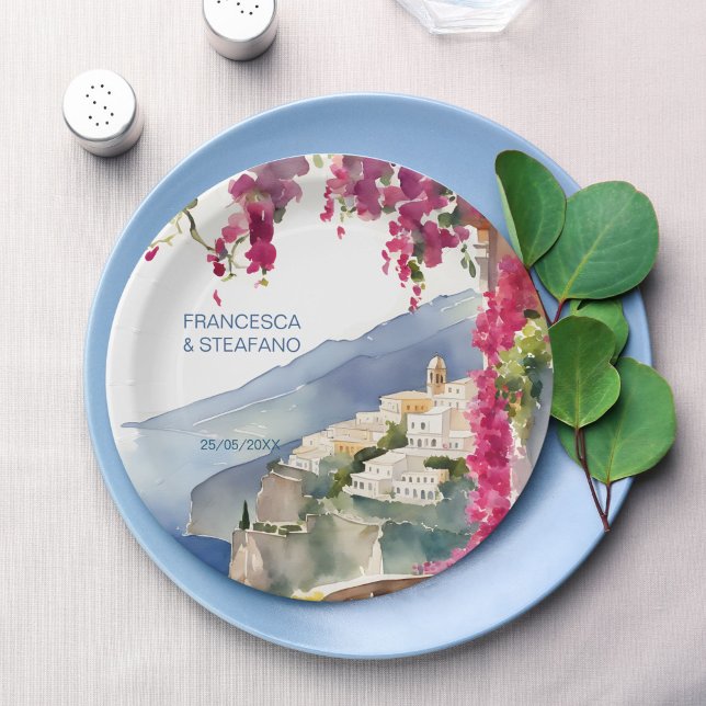 Assiettes En Carton Monographie méditerranéenne de la côte amalfitaine (Amalfi coast Mediterranean bridal shower wedding monogram printed Paper Plates)