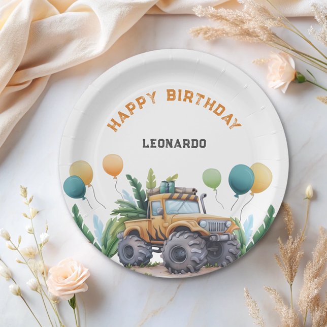 Assiettes En Carton Monster Truck Jungle Safari Joyeux anniversaire (Créateur téléchargé)