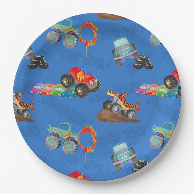Assiettes En Carton Monster Truck Stunts Aquarelle Motif bleu (Devant)