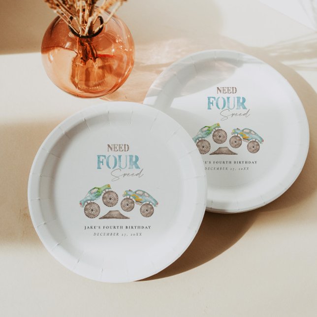 Assiettes En Carton Monster Trucks Vert Bleu Plaques de papier d'anniv (Créateur téléchargé)