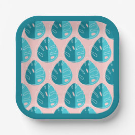 Assiettes En Carton Monstera Leaves - Blue and Pink