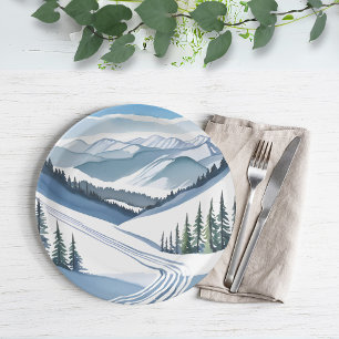 Assiettes En Carton Montagne de ski à l'aquarelle