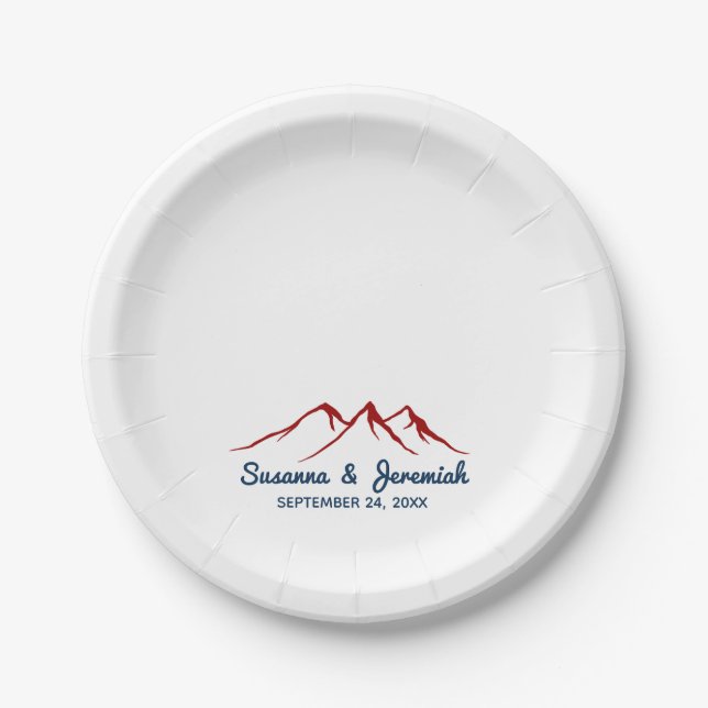 Assiettes En Carton Montagnes Rustiques en Rouge et Bleu Réception de  (Devant)