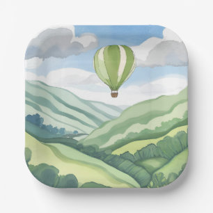 Assiettes En Carton Montgolfière Paysage aquarelle verte