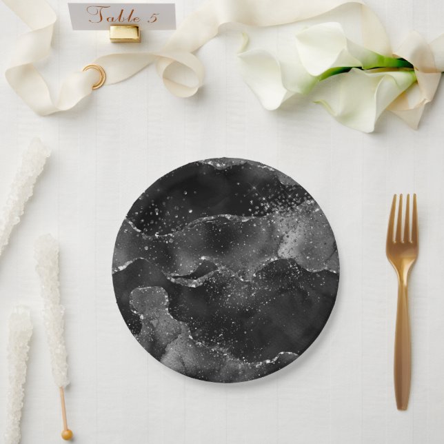 Assiettes En Carton Moody Agate | Onyx Black Silver Vampy Goth Parties (Mariage)