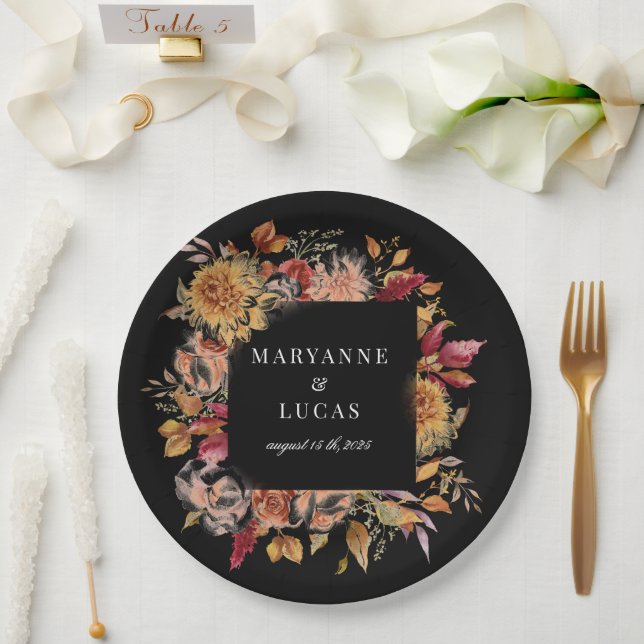 Assiettes En Carton Moody Autumn Floral Monogramme (Mariage)