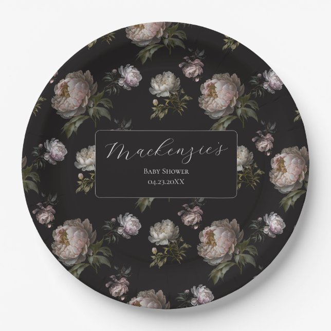 Assiettes En Carton Moody Dark Peony Floral Baby Shower  (Devant)
