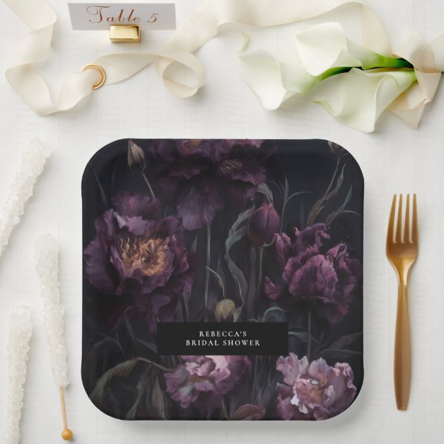 Assiettes En Carton Moody foncé violet foncé Fête des mariées florale  (Mariage)