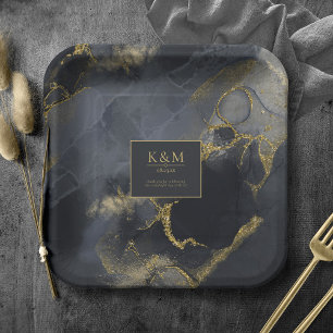 Assiettes En Carton Moody Ink Charcoal Gold Abstrait Blk ID988