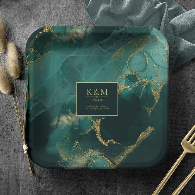 Assiettes En Carton Moody Ink Emerald Gold Abstrait Dk ID988 (Créateur téléchargé)