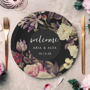 Assiettes En Carton Moody romantique Nom du Mariage Floral Date Noir