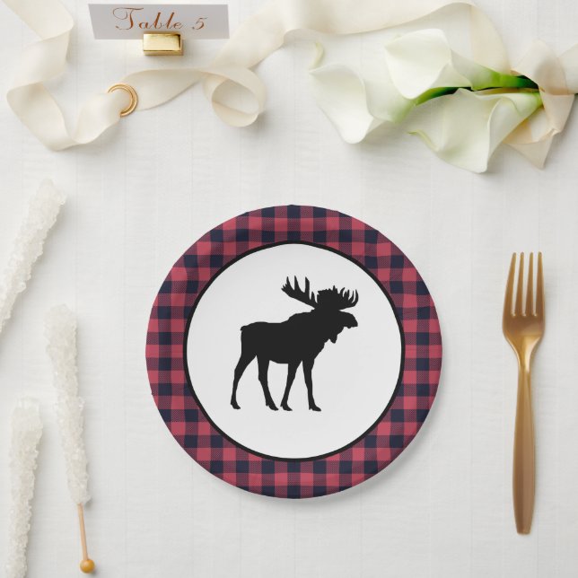 Assiettes En Carton Moose Silhouette Plaid Wilderness Mountain (Mariage)