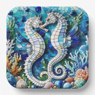 Assiettes En Carton Mosaic Seahorses Plage romantique