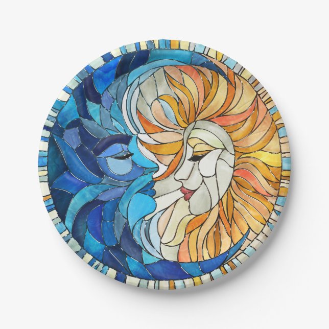 Assiettes En Carton Mosaïque du soleil et de la lune (Devant)