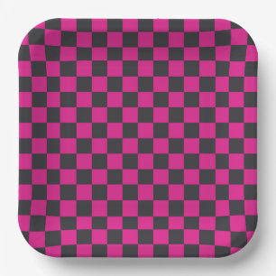 Assiettes En Carton Motif à carreaux magenta et fumée