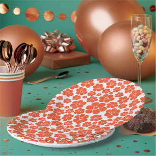 Assiettes En Carton Motif à fleurs - Orange et Blanc