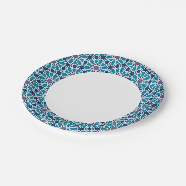 Assiettes En Carton Motif Abstrait En Bleu Et Gris (Angle)