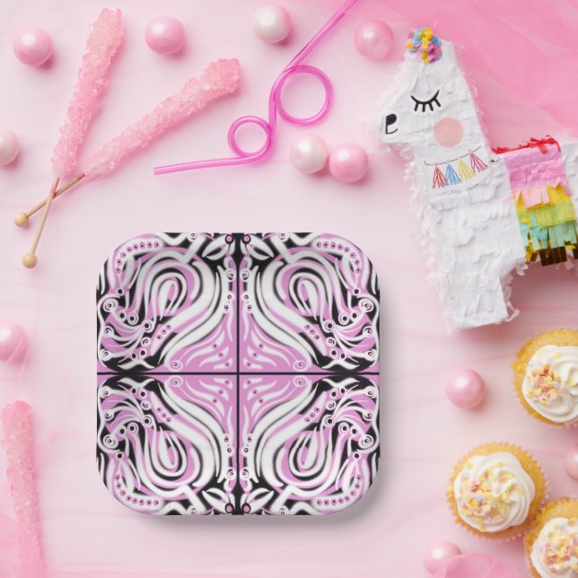 Assiettes En Carton Motif Abstrait rose noir blanc (Fête)