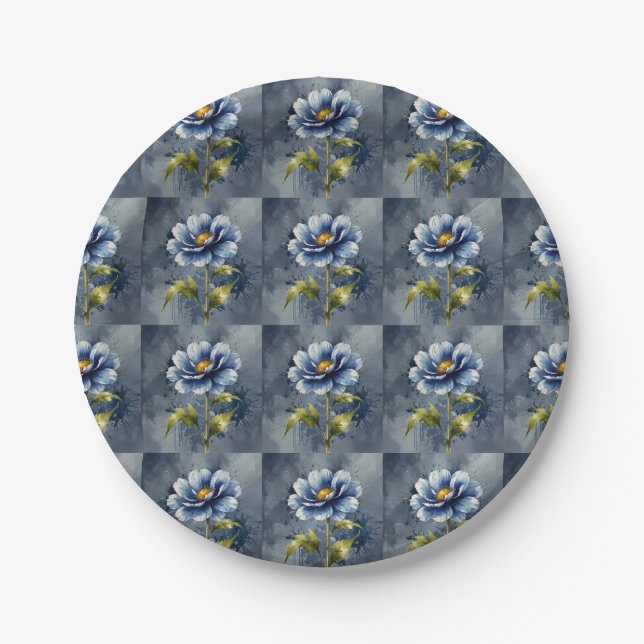 Assiettes En Carton Motif aquarelle fleur bleue (Devant)
