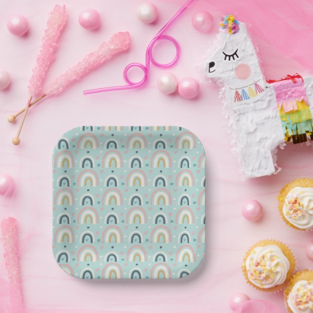 Assiettes En Carton Motif arc-en-ciel blanc mignon (Fête)