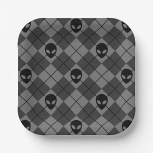 Assiettes En Carton Motif Argyle Alien Noir et Gris
