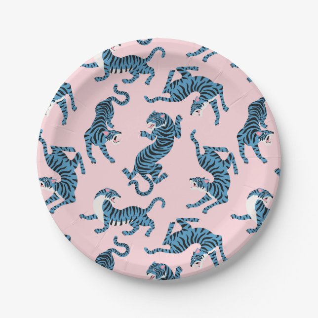 Assiettes En Carton Motif asiatique de tigre bleu (Devant)